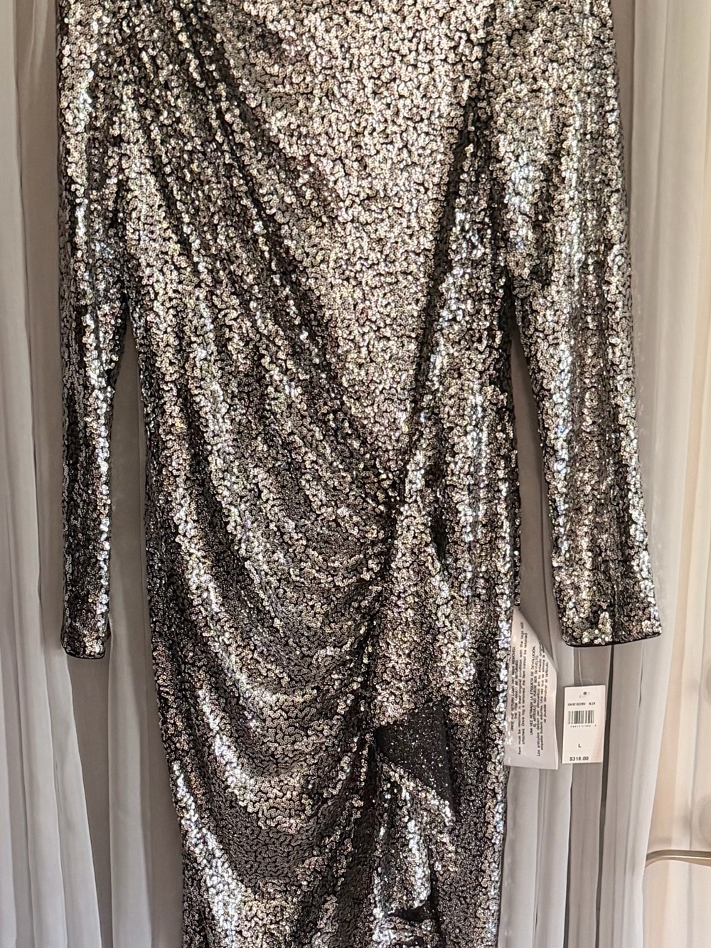 Tadashi Shoji Silver Sequin Long-Sleeve Open-Back Midi Dress Large New - Picture 4 of 9
